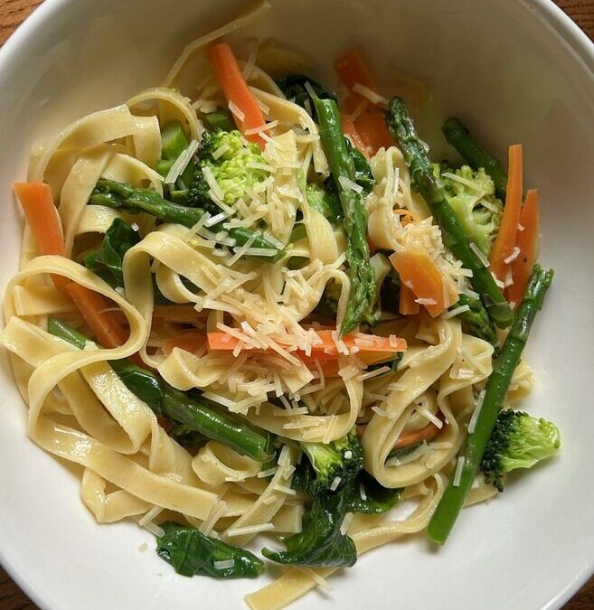 Spring Vegetable Fettuccine with Micro Greens