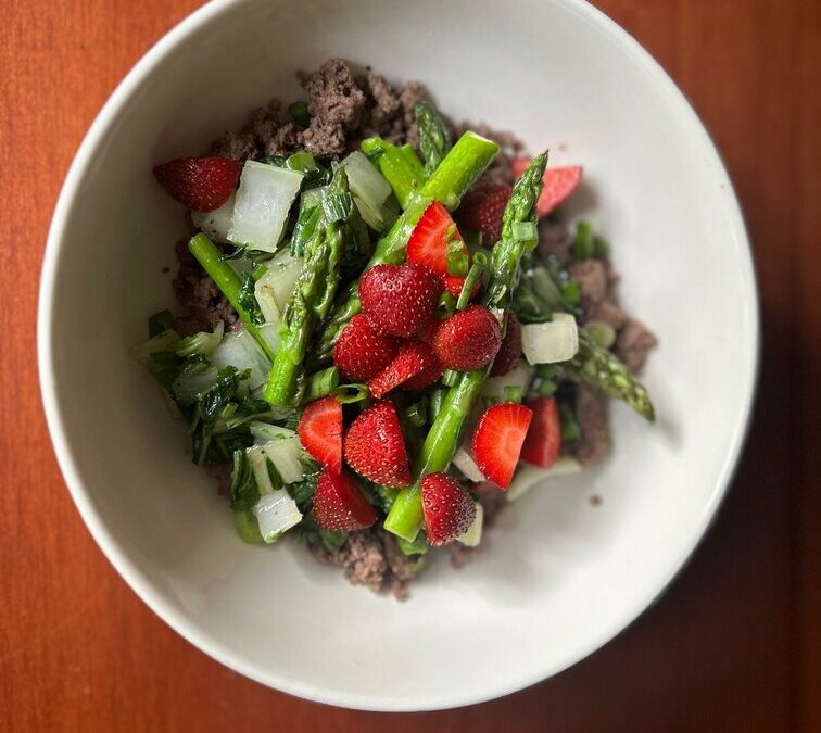 Strawberry & Garlic Scape Burger Bowl